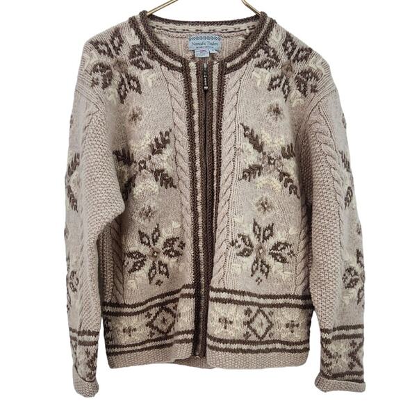 Nomadic‎ Traders 100% Sheltland Wool Full Zip Sweater Small Snowflake Winter Tan - Picture 1 of 6